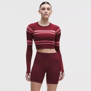 Lululemon Swiftly Cropped Long Sleeve Top Burgundy Bay *Stripe Size 6